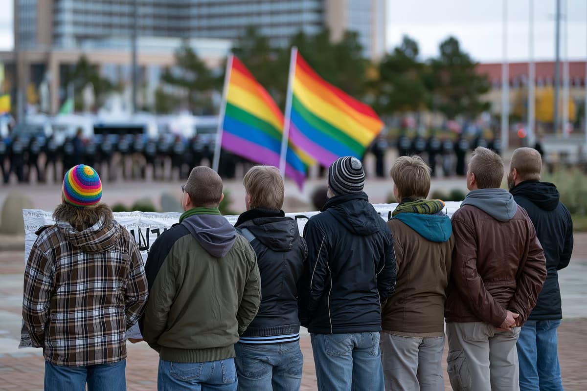 Protudemonstranti drže transparente i zastave duginih boja na magdeburškom trgu, s policijskom linijom zamućenom u pozadini.