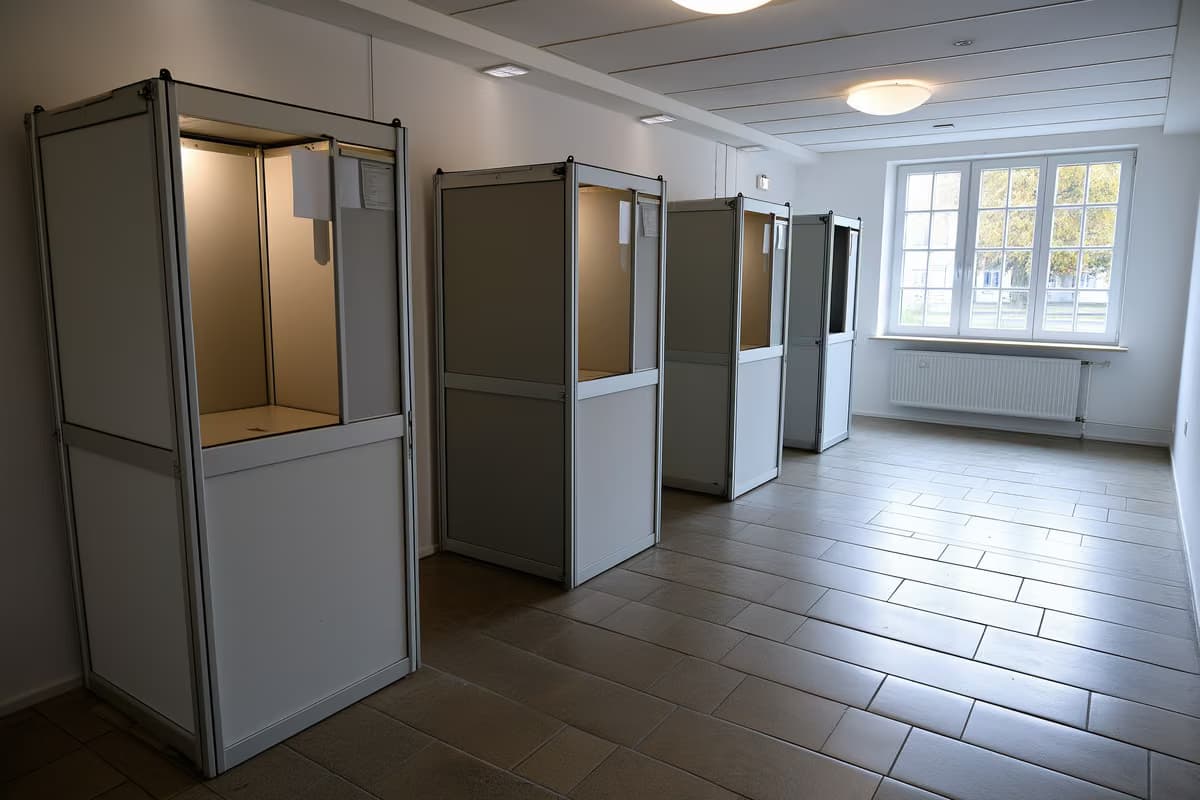 Prazna biračka kabina u običnoj njemačkoj društvenoj dvorani koja se koristi za izbore.