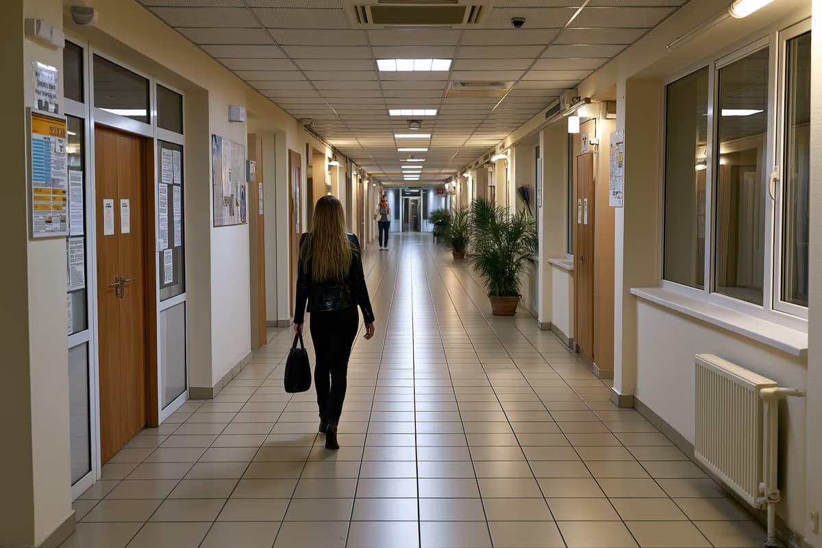Usamljena osoba hoda s torbom hodnikom zgrade javne uprave.