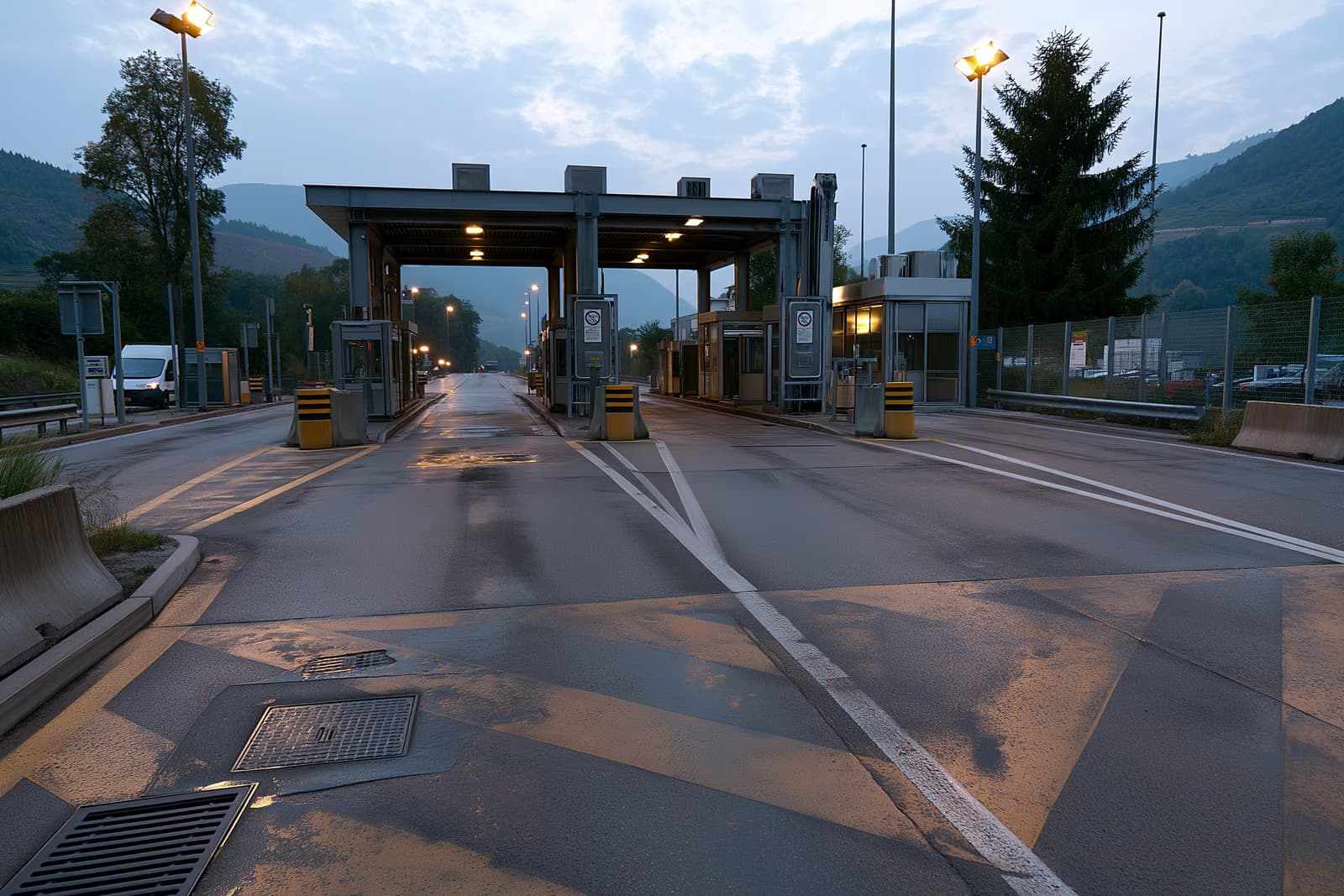 Mirni prijelaz autoceste na njemačko-austrijskoj granici s oznakom trake i praznom kućicom za tehnički pregled u zoru.