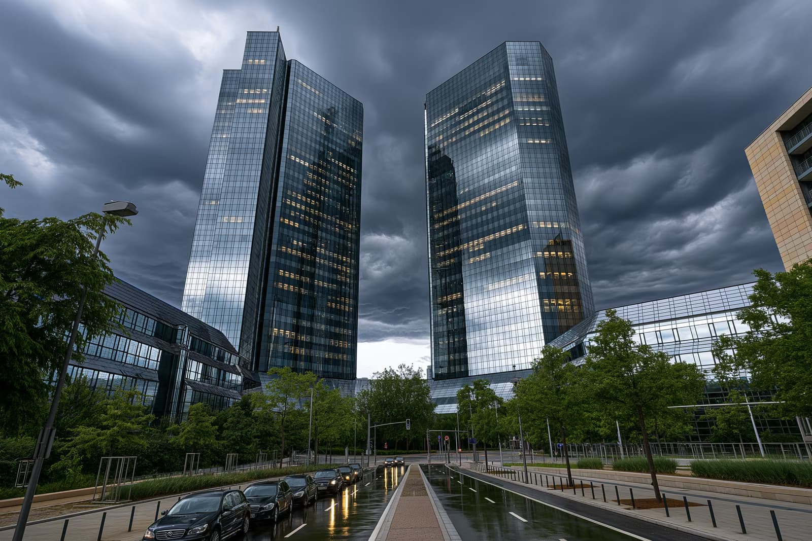 Dva staklena tornja sjedišta frankfurtske banke nadvijaju se nad tamnim oblacima nakon racije Deutsche Banka.