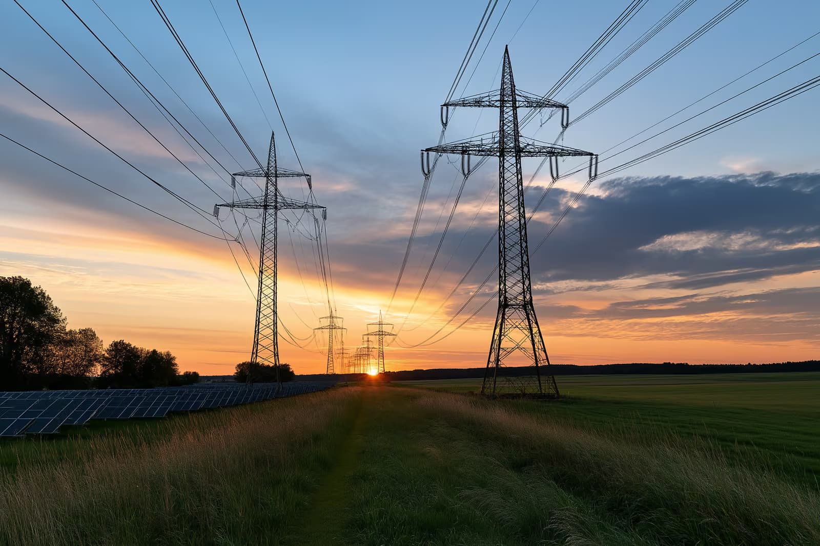 Niz visokonaponskih električnih stupova koji prelaze otvoreni krajolik.