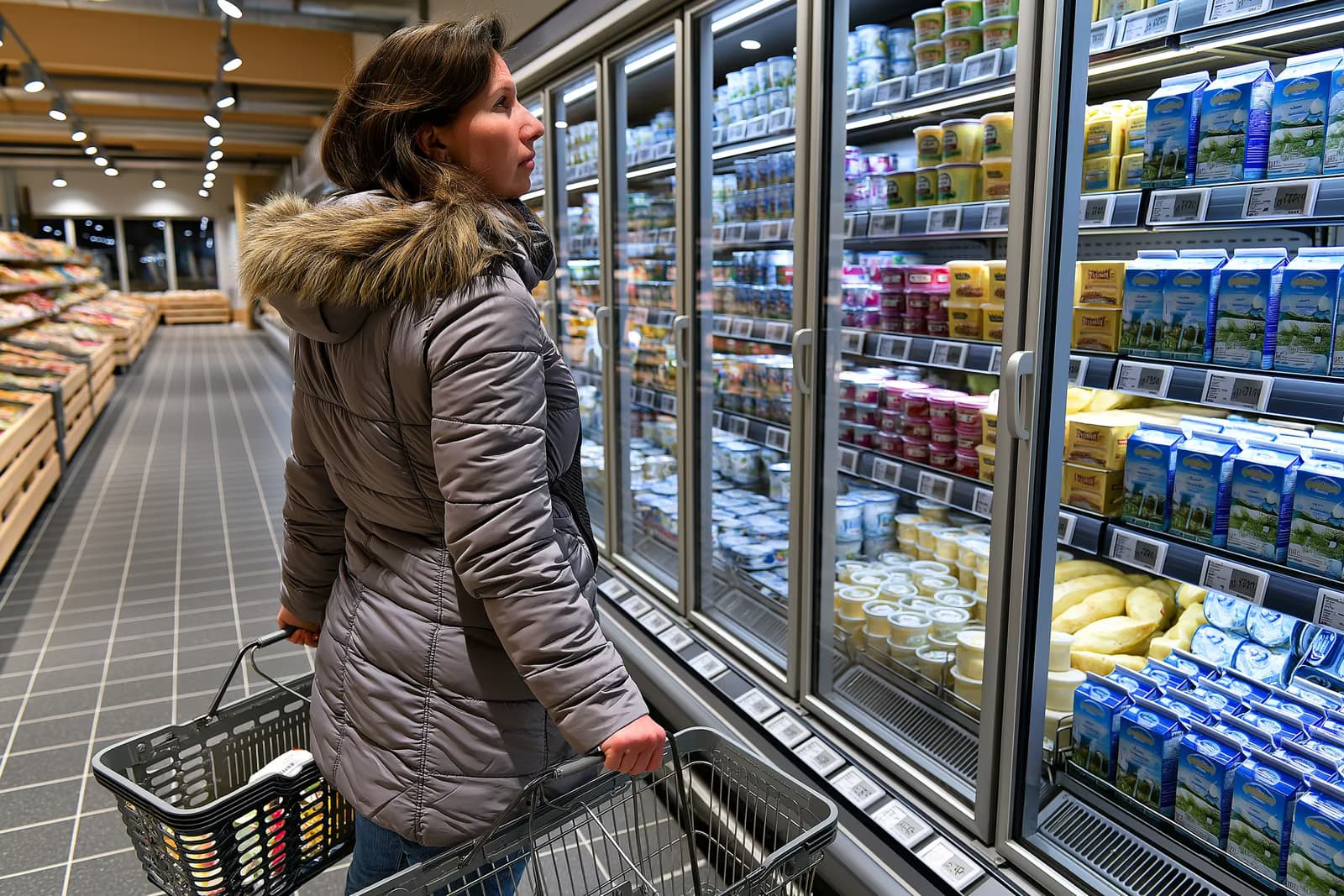 Kupac uspoređuje cijene hrane na policama supermarketa u Njemačkoj, držeći račun ispred mliječnih proizvoda i jaja.