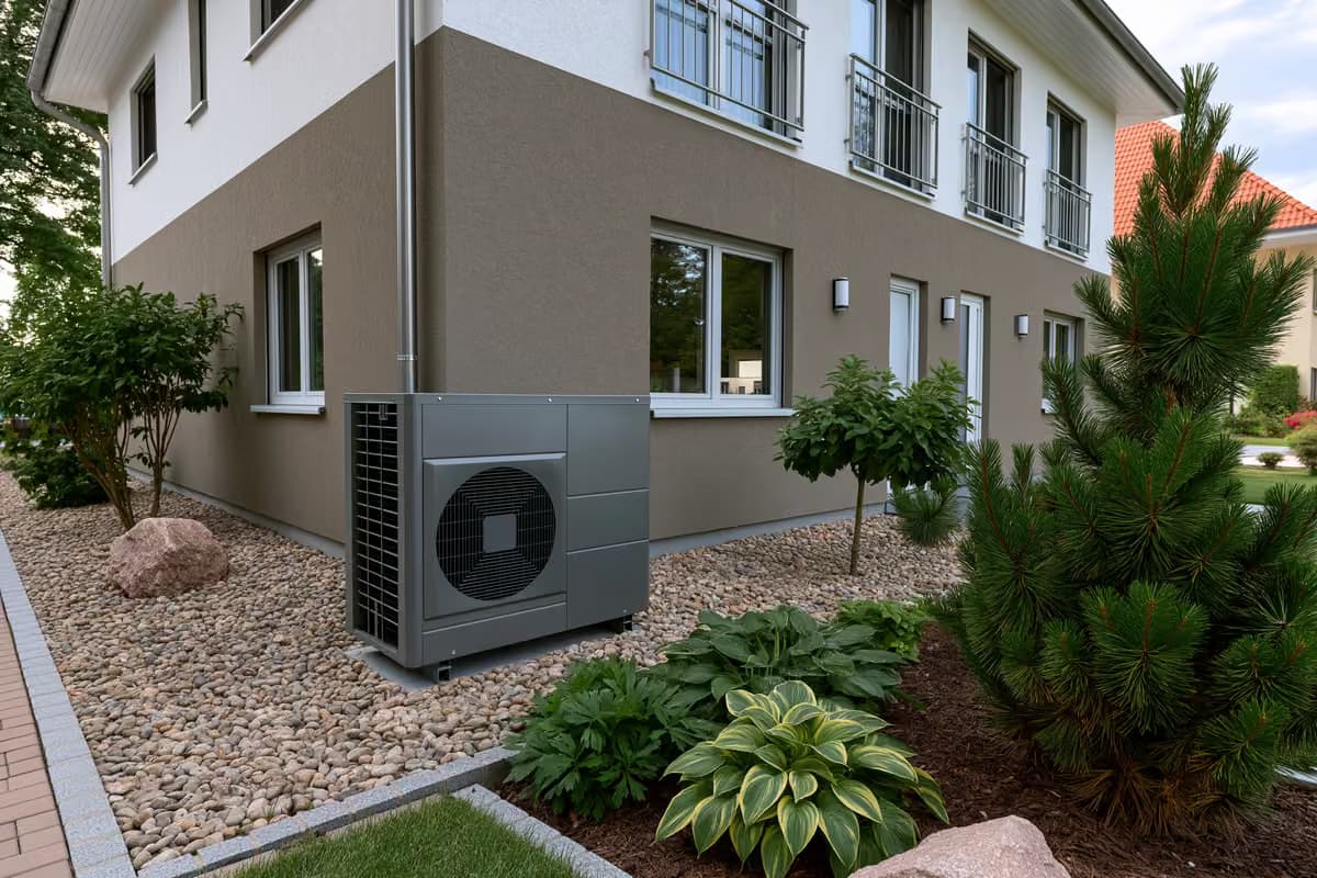 Moderna toplinska pumpa instalirana ispred njemačke stambene kuće.
