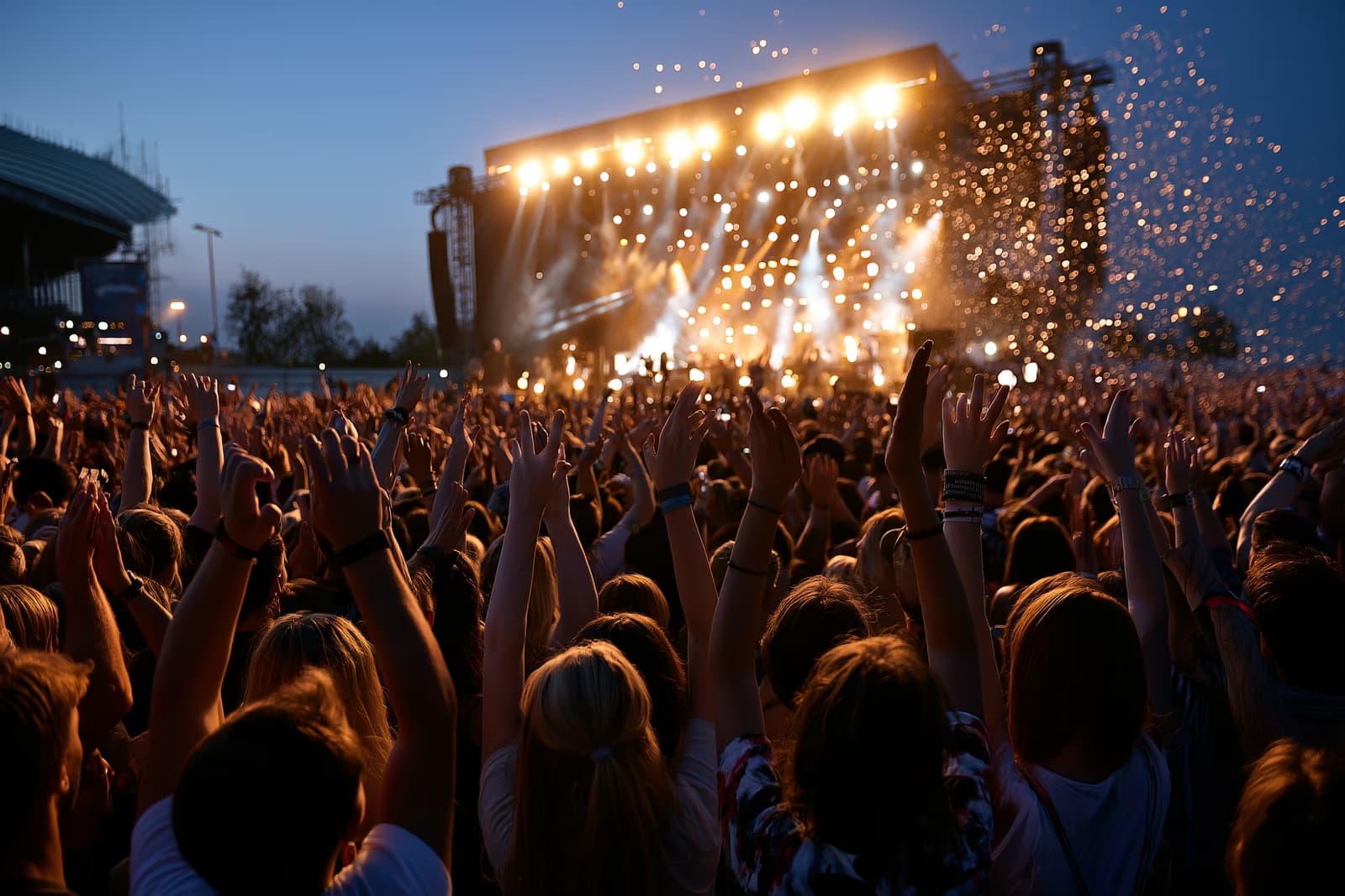 Ogromna festivalska publika s podignutim rukama ispred blistave glavne pozornice na Lollapaloozi Berlin u Olimpijskom parku noću
