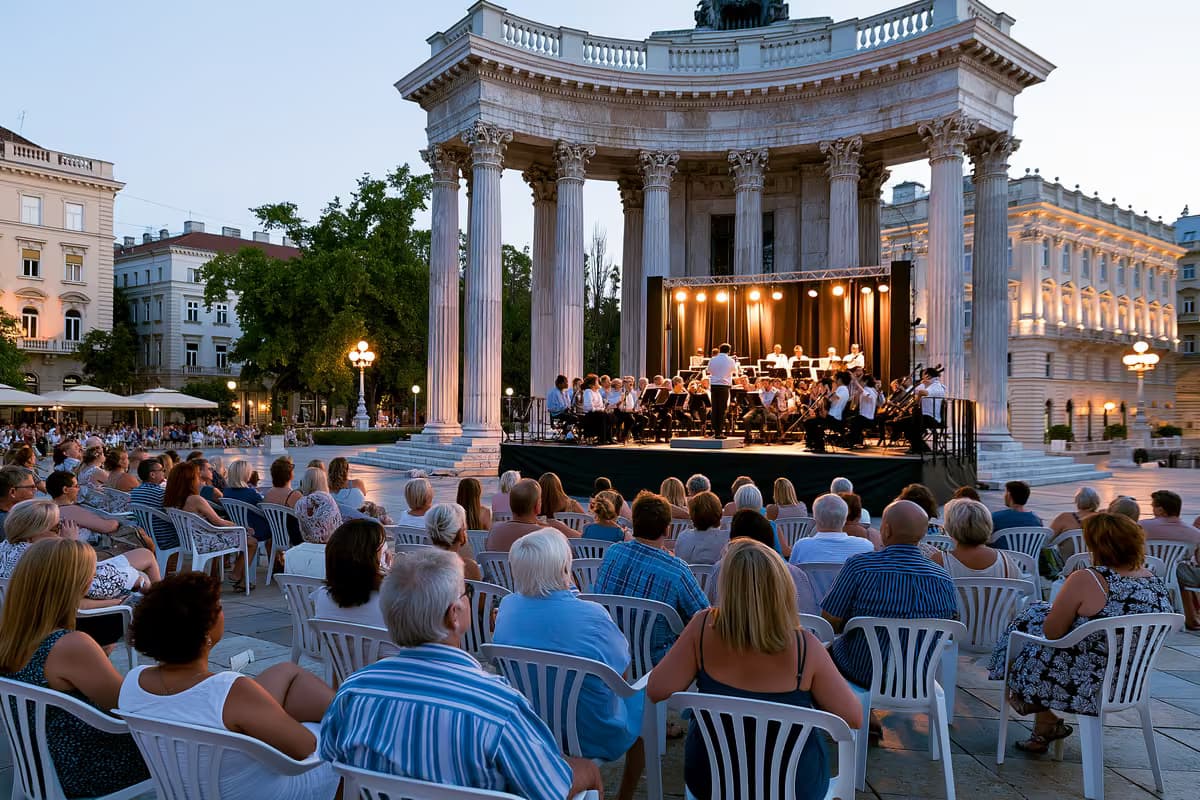 Koncert klasične glazbe na otvorenom na povijesnom trgu u Münchenu u sumrak.