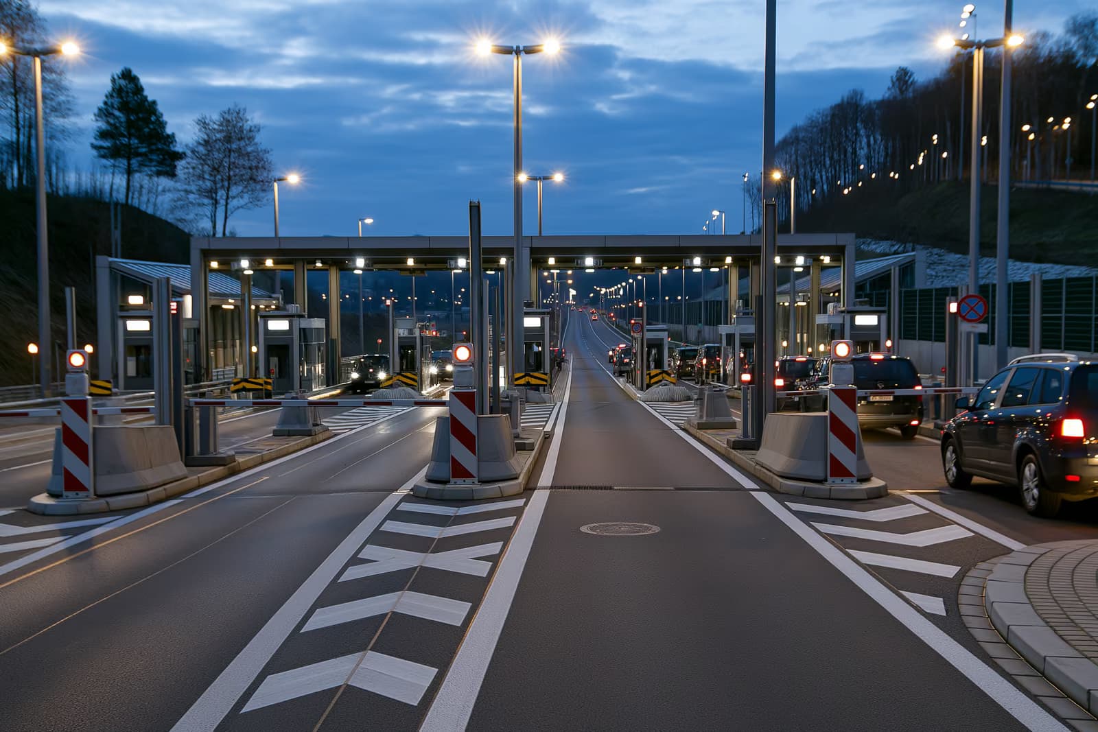 Mirna granična kontrolna točka na europskoj autocesti s barijerama u sumrak.