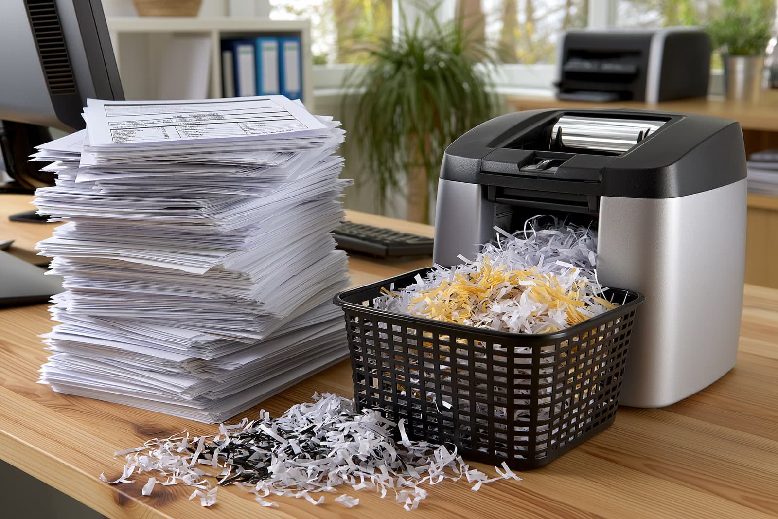 Visoka hrpa papirnatih obrazaca stoji pored shreddera na stolu vladinog ureda, simbolizirajući ublažavanje birokracije