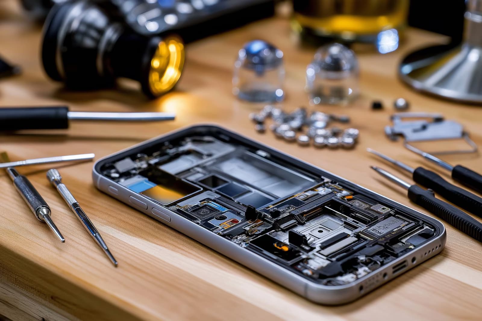 Otvoreni pametni telefon na klupi za popravak okružen malim alatima i rezervnim dijelovima.