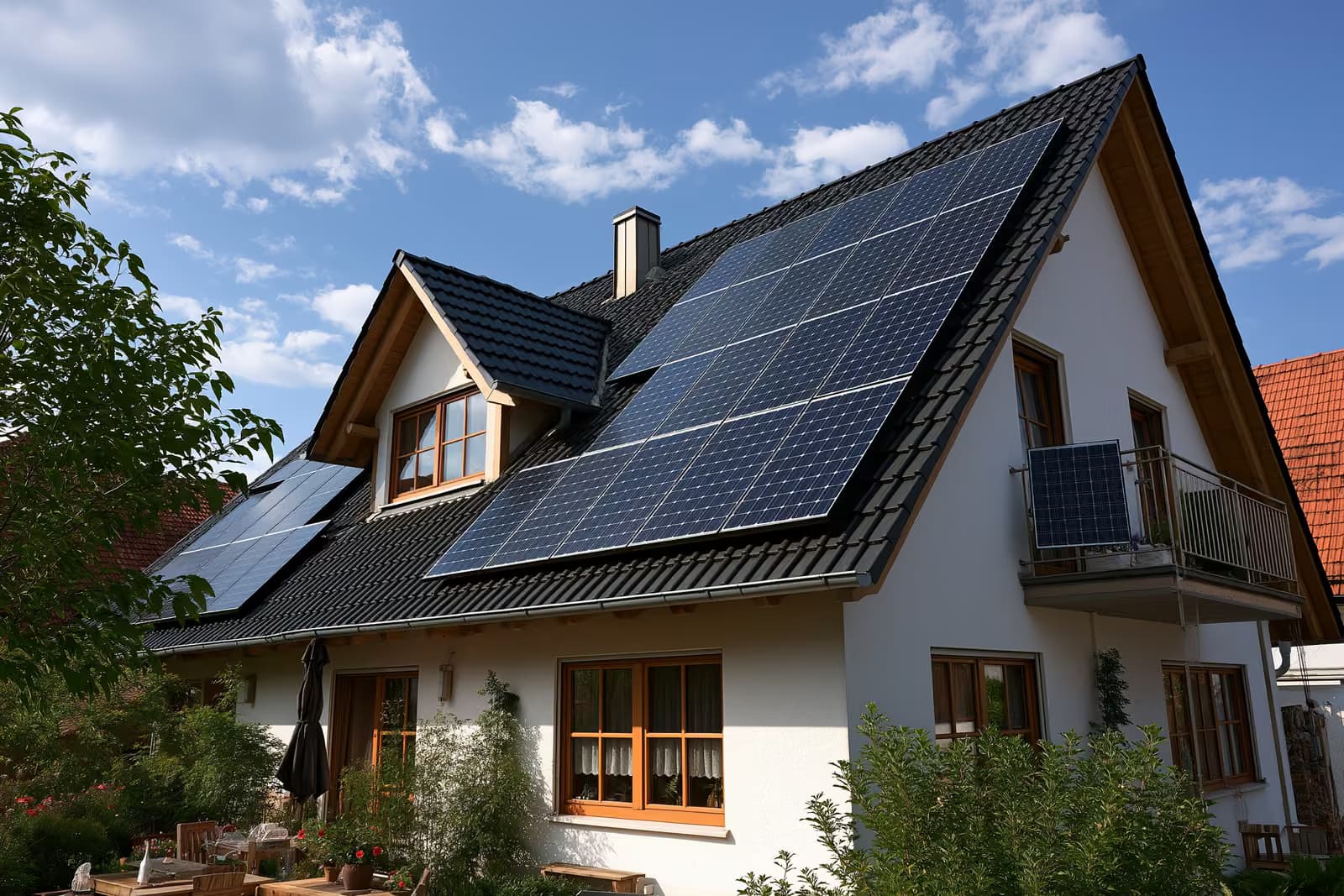 Redovi solarnih panela na krovu njemačke prigradske kuće pod vedrim nebom.