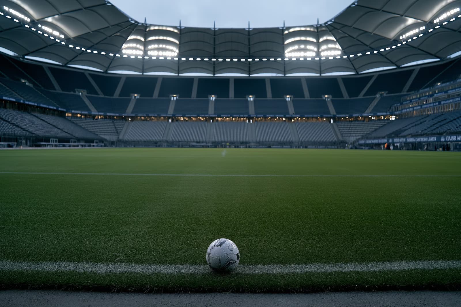 Prazan stadion nogometnog kluba Hamburg u sumrak s upaljenim reflektorima i usamljenom loptom na središnjoj poziciji nakon što Vušković napušta HSV.