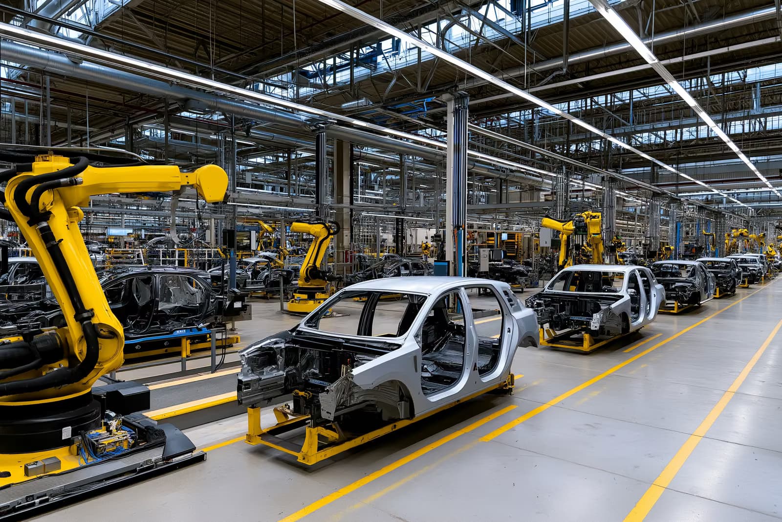 Velika montažna hala tvornice automobila s robotskim rukama i djelomično sastavljenim vozilima.