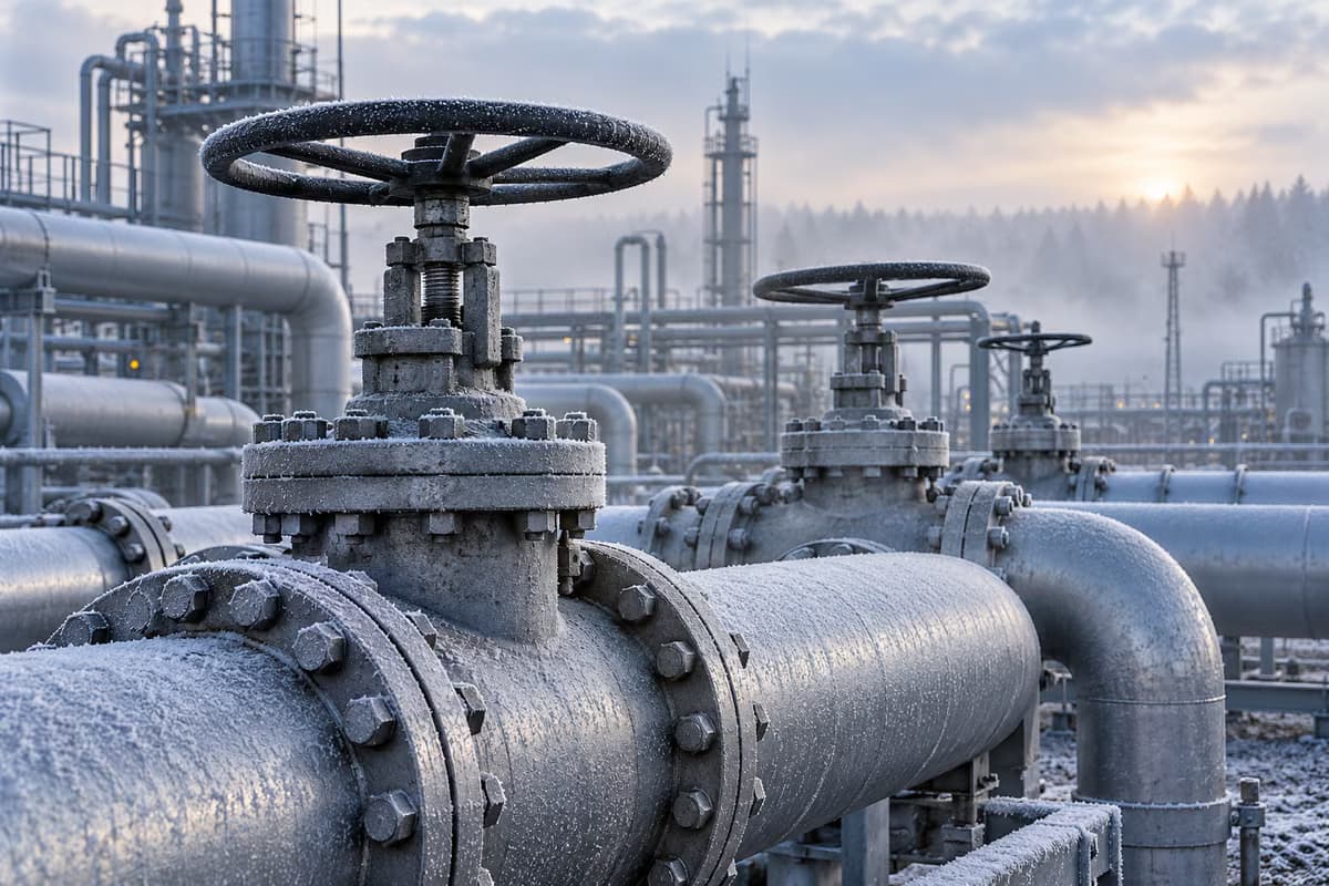 Krupni plan industrijskih plinskih cijevi prekrivenih injem s velikim ventilima s kolom u plinskom postrojenju jednog maglovitog zimskog jutra.