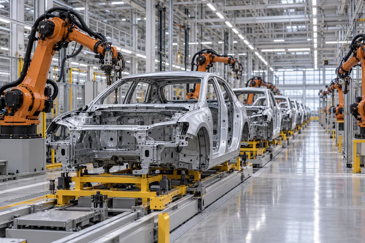 Neobojene karoserije automobila stoje u nizu na montažnoj traci između narančastih robotskih ruku u svijetloj tvorničkoj hali.