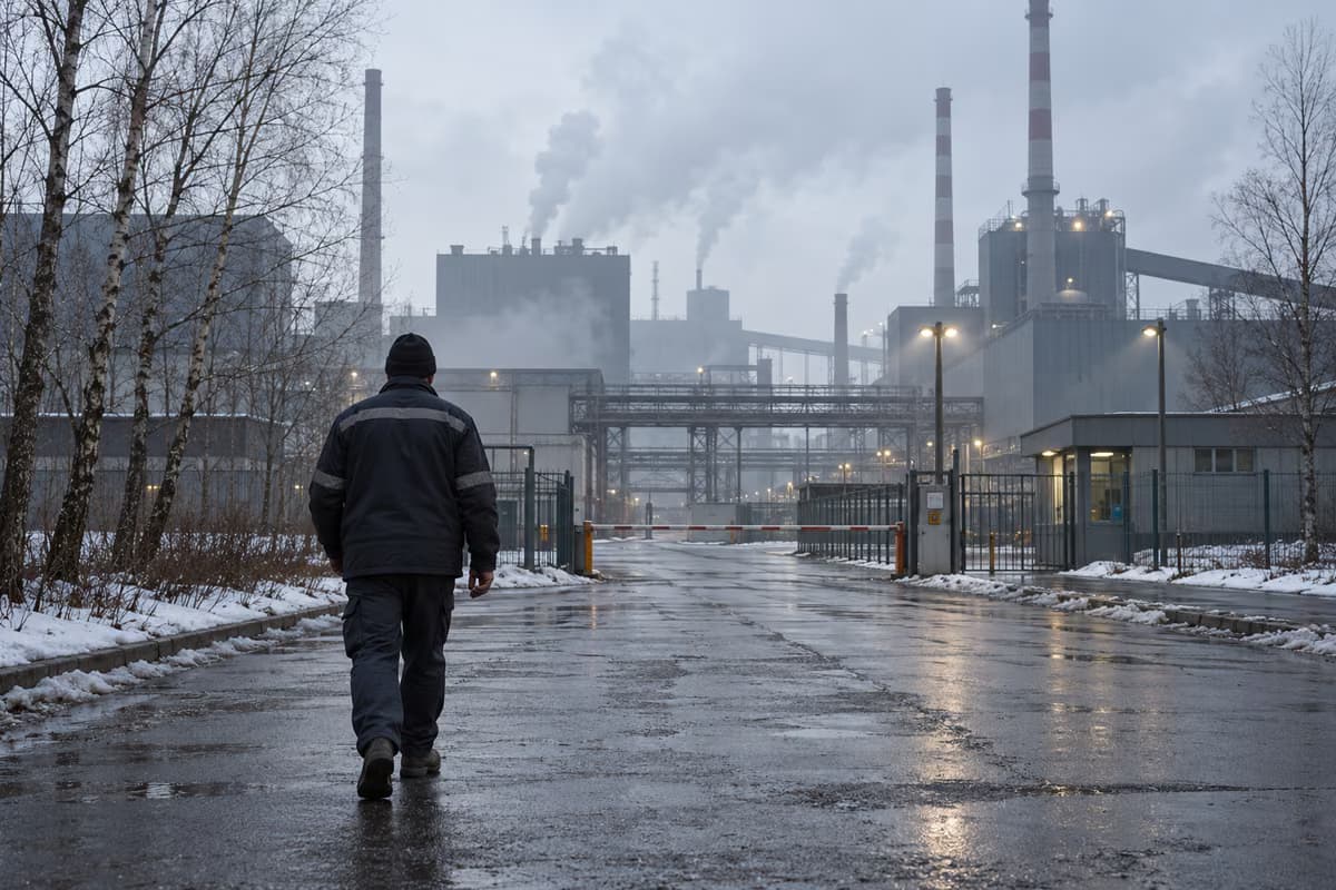 Radnik viđen s leđa hoda mokrom cestom prema ulazu u industrijsko postrojenje s dimnjacima jednog sivog zimskog dana.