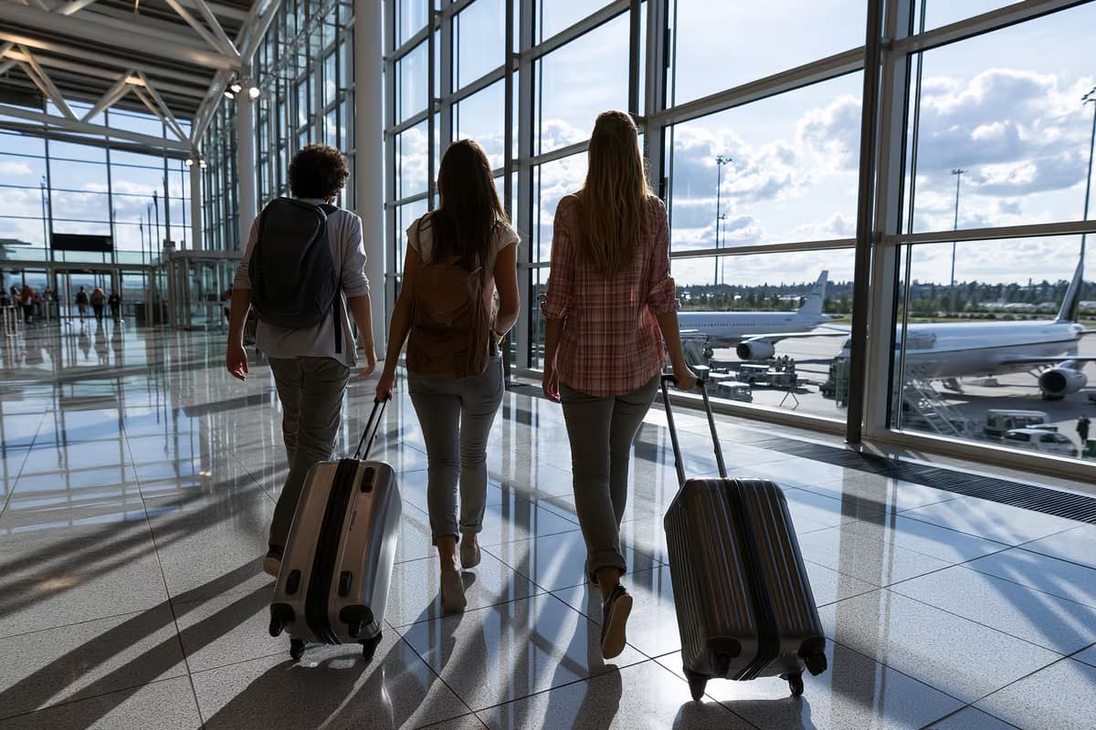 Putnici hodaju kroz svijetli moderni terminal zračne luke s velikim prozorima.