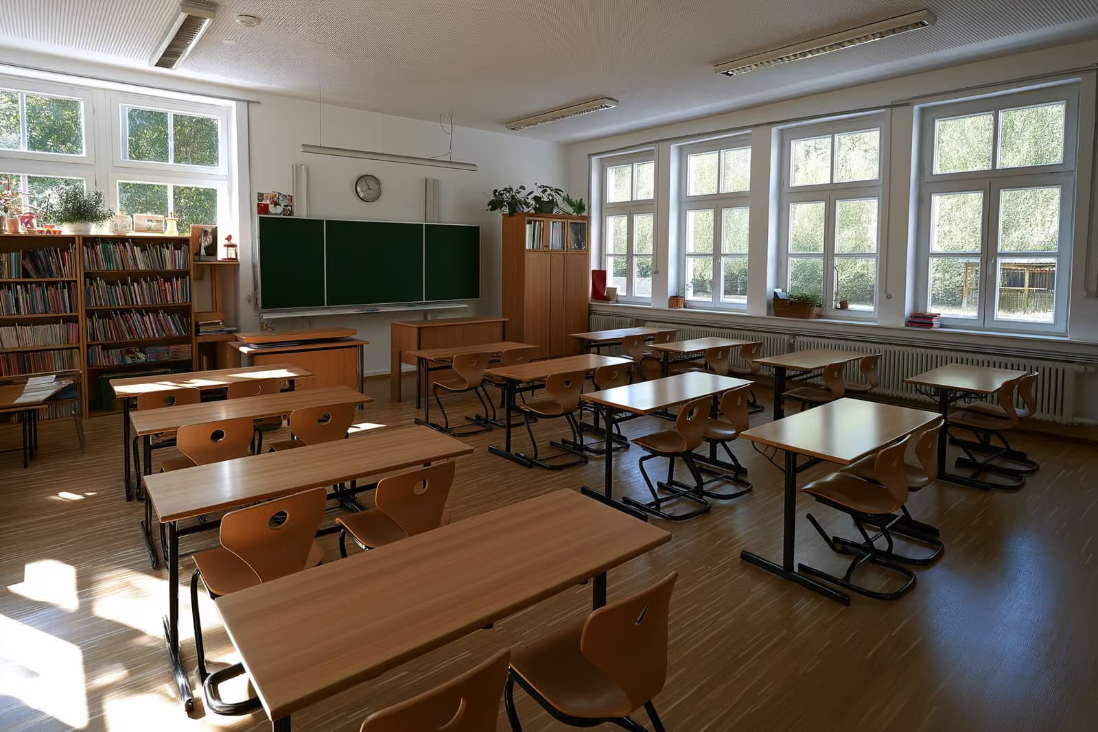 Svijetla prazna učionica za njemački jezik u osnovnoj školi s malim drvenim klupama i kutkom za čitanje u toplom popodnevnom svjetlu.