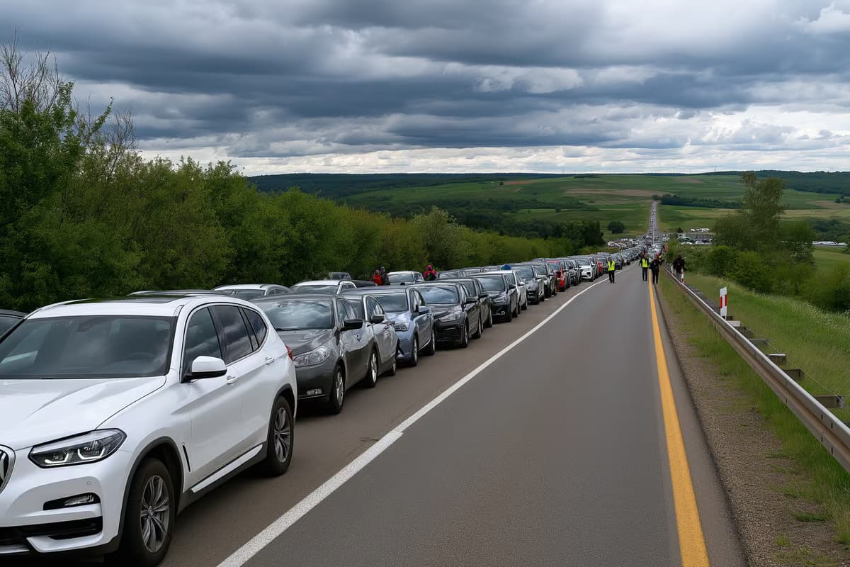 Automobili se polako redaju pored privremene kontrolne točke na seoskoj cesti blizu bavarske granice pod oblačnim nebom.