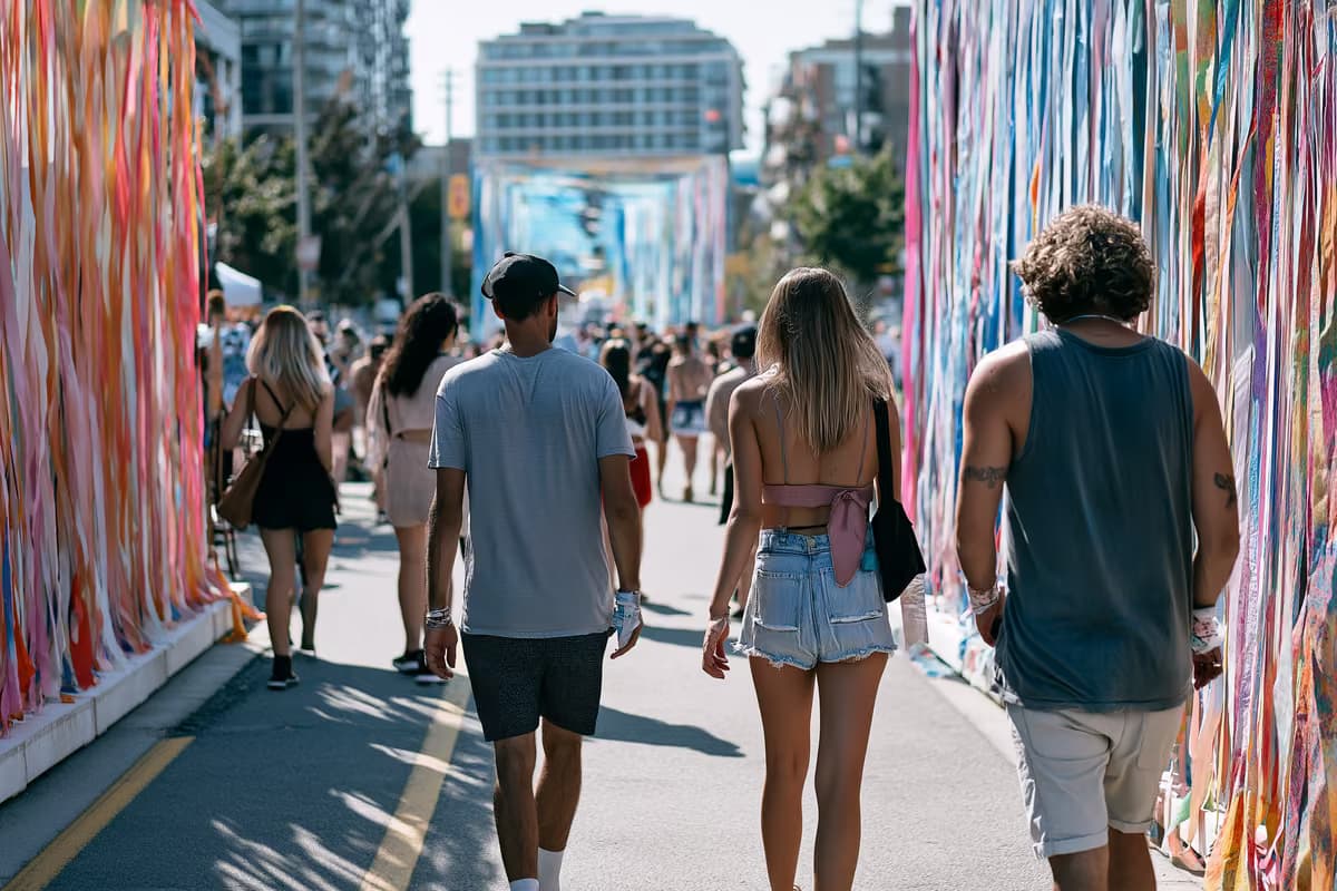 Ljudi šetaju između vanjskih umjetničkih instalacija u živahnoj berlinskoj četvrti tijekom vedrog ljetnog poslijepodneva.