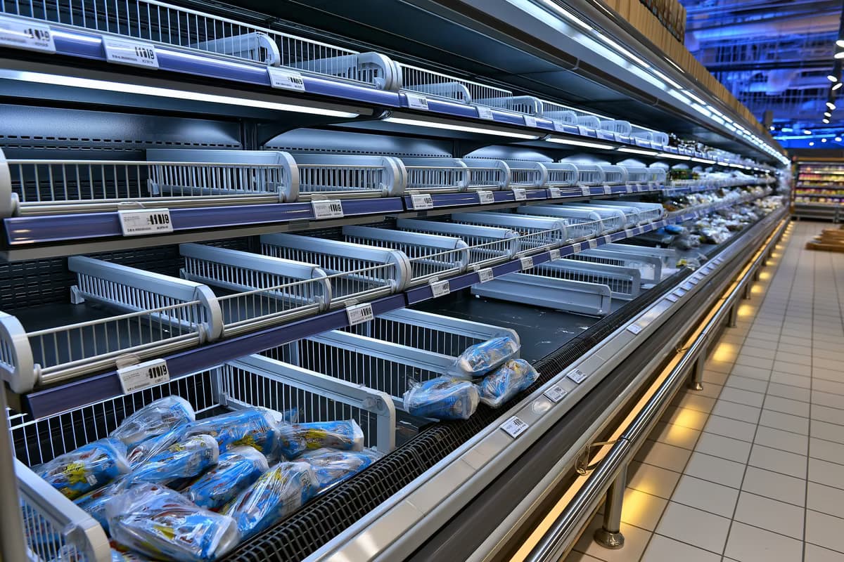 Prazna polica rashladnog supermarketa s nekoliko preostalih pakiranja nakon povlačenja kobasica s tržišta u Njemačkoj