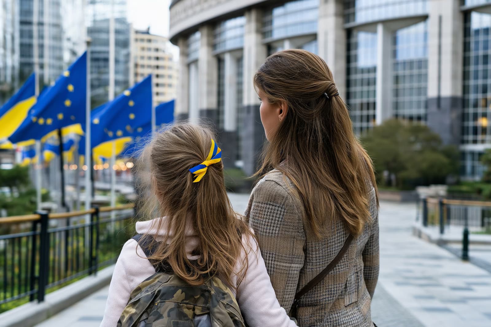 Ukrajinska majka i kći gledaju zastave EU ispred zgrade europskih institucija nakon produljenja privremene zaštite Ukrajini.