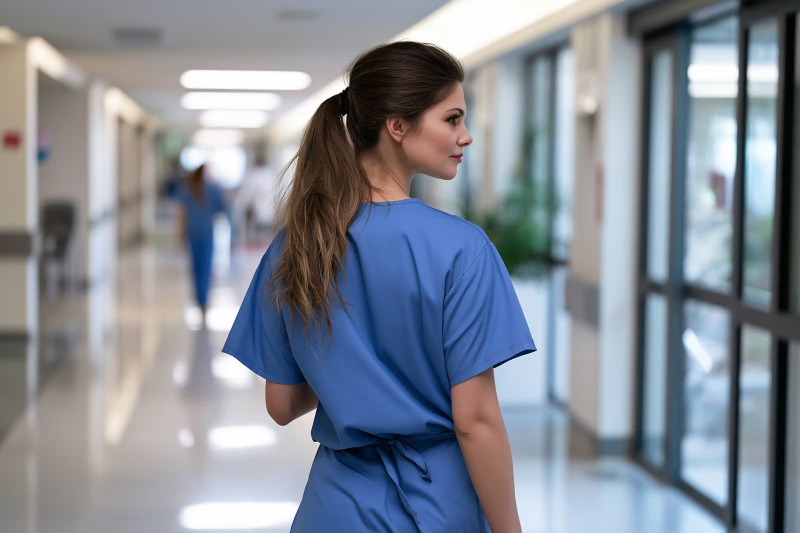 Medicinski stručnjak u običnoj uniformi stoji u svijetlom bolničkom hodniku.