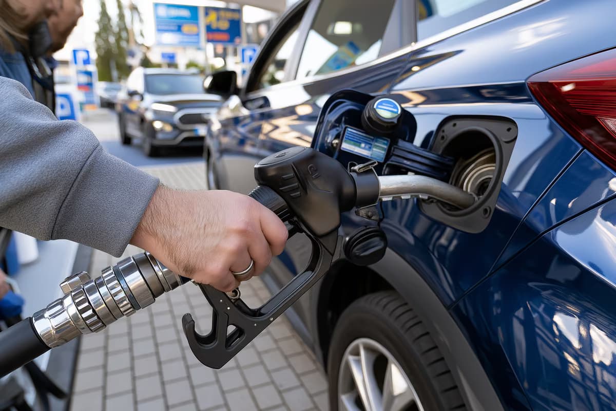 Vozač drži pištolj za gorivo dok toči gorivo u automobil na benzinskoj postaji.