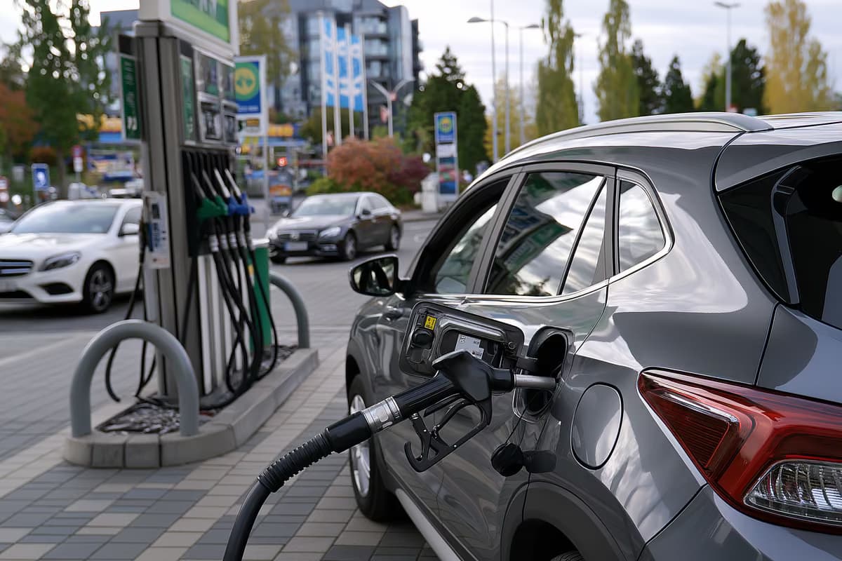 Pištolj pumpe za gorivo odložen u automobilu na njemačkoj benzinskoj postaji tijekom oblačnog dana.