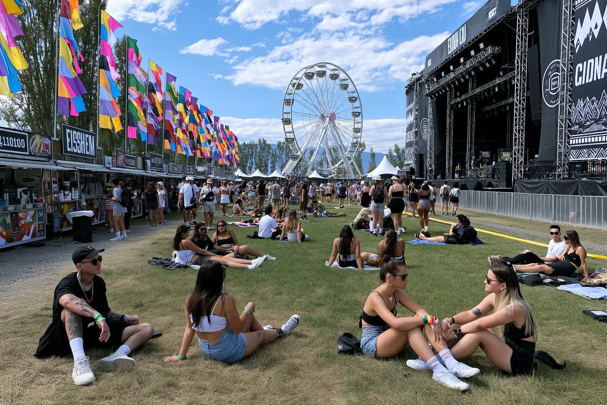 Festivalski prostor u Lollapaloozi Berlin danju sa šarenim zastavama, štandovima s hranom i posjetiteljima koji se opuštaju na travi