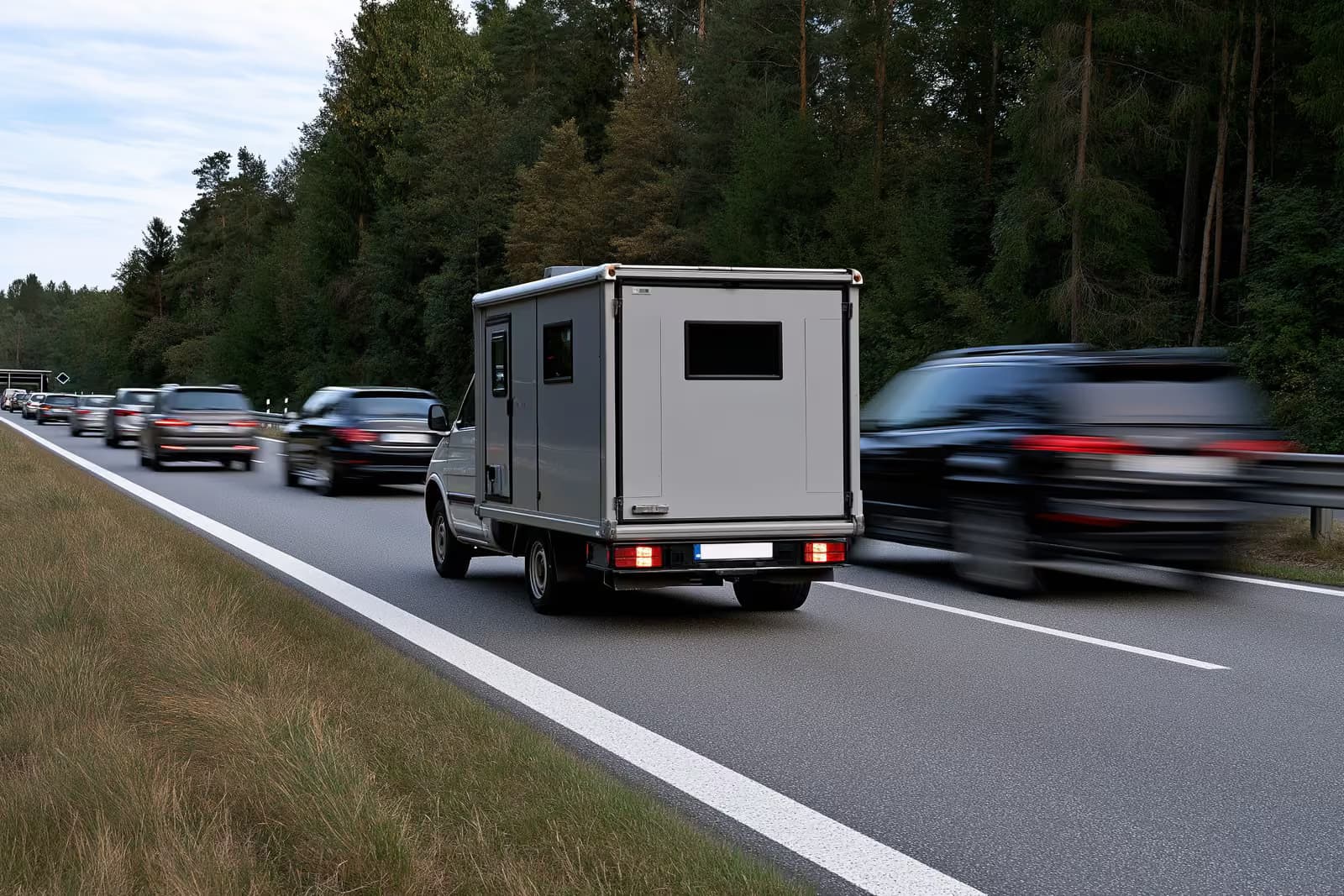 Mobilna kamera za kontrolu brzine postavljena uz cestu u blizini školske zone u njemačkom gradu.
